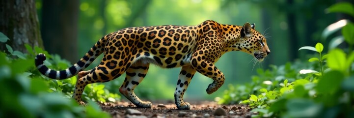Sleek leopard form running through dense foliage , agile, forest