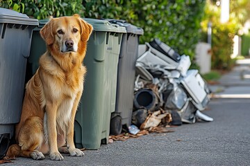 a dog sitting near dustbins