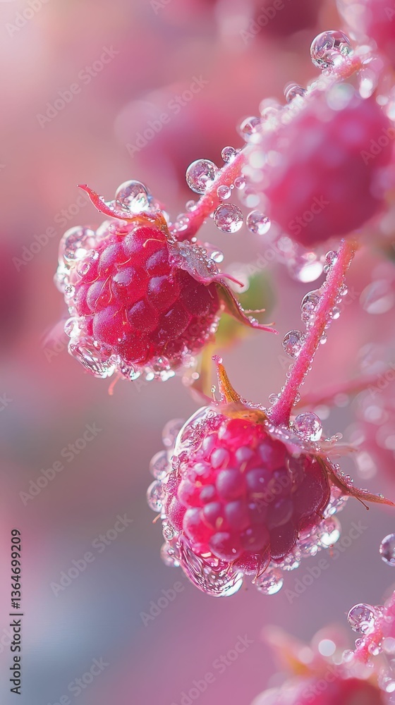 Poster organic raspberry cluster with water droplets in soft focus