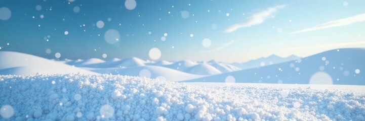 Snowy landscape with white drifflands and blue sky features soft light effects generating small circle bokeh for beautiful effect, soft light, generative ai