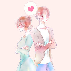 背中合わせのもじもじする男女　恋愛