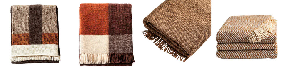 Fototapeta premium Collection of soft woven plaid wool blankets and throws in earthy neutral color schemes perfect for adding warmth and comfort to any living space