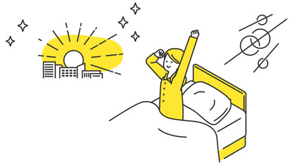 睡眠：朝、ベッドで目覚める女性