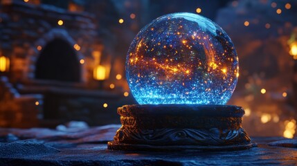 Mystical crystal ball, enchanted winter cabin