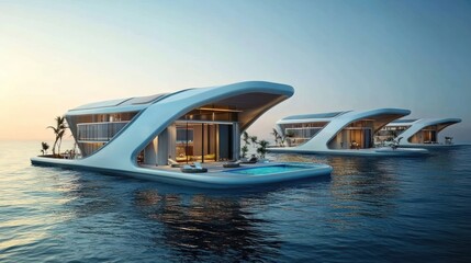 Floating Homes on Water at Sunset