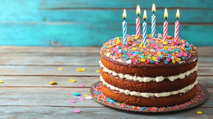 Birthday Cake with Candles on Wooden Table