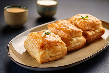 Puff pastry cakes with cream. Puff pastry dessert. Delicious breakfast
