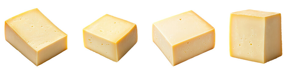 Assortment of different types of yellow cheese cubes or blocks arranged on a plain white studio background