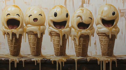 Melting Ice Cream Faces on a Rustic Shelf