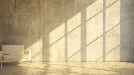 Obraz premium Sunlit Minimalist Interior: Beige Sofa in a Room with Concrete Wall and Window Light