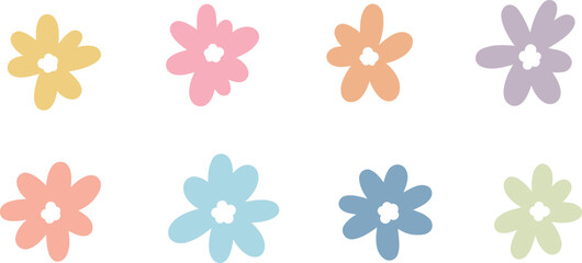 Cute flower doodles vector clip art set, colorful flat floral stickers, retro shapes set