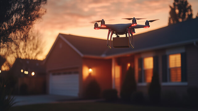 Drone captures aerial views of suburban neighborhood at dusk, showcasing tranquil homes and evening sky hues  - Powered by Adobe