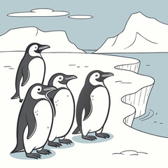 Penguin bird animal on white snow ice of cold winter nature in Antarctica illustration
