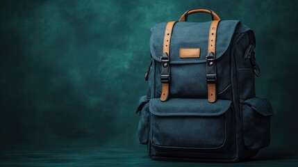 An elegant backpack black on a background deep green, showcasing adventure and mobility with fabric textured and zippers high-quality designed for style and function.