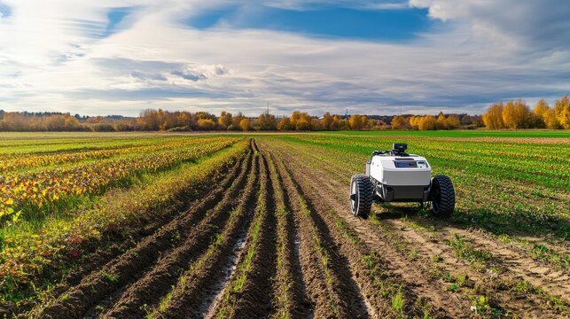 An autonomous farming robot analyzing soil quality, a vast agricultural field with precision irrigation systems, High-tech style