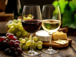 Glasses of wine, cheese and grapes
