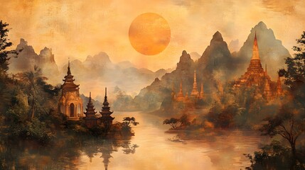 Serene sunset over mountains, tranquil lake reflecting warm hues, autumn foliage framing the scene, ideal for relaxation themes.
