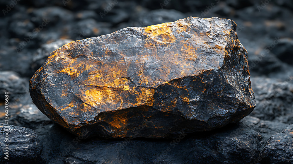 Poster close up view of large rock displaying unique texture with mix of dark and slightly yellowed hues, s
