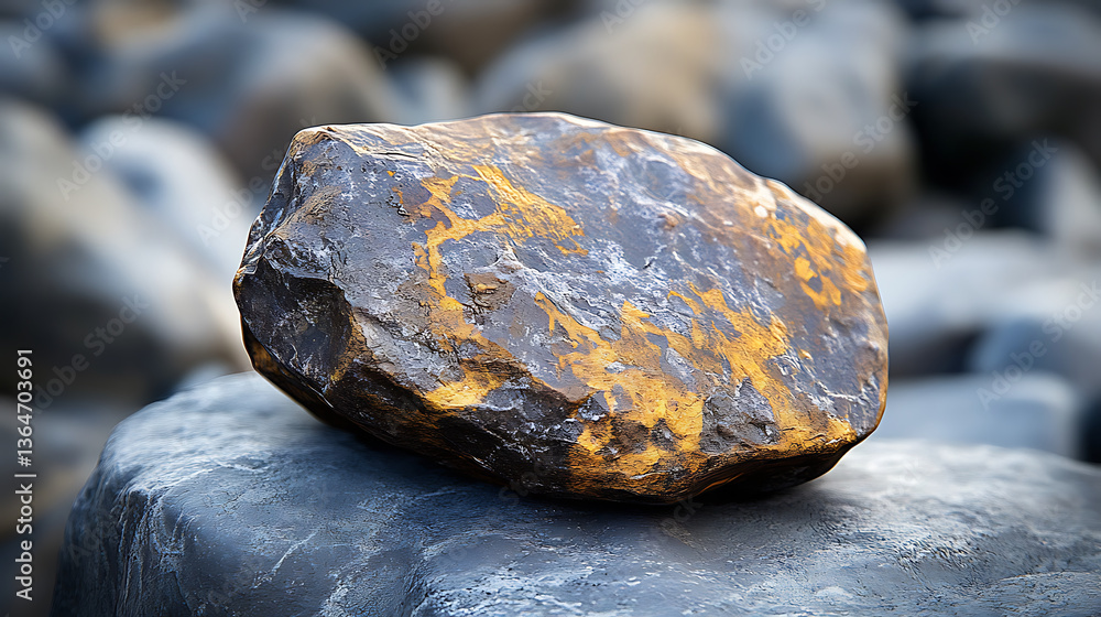 Poster close up view of rock displaying unique texture with yellow and dark gray hues, resting on surface o