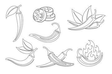 Obraz premium Chili pepper continuous one line drawing icon set. Editable stroke. Outline chili pepper vegetable collections isolated on a white background. Vector illustration