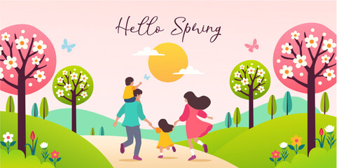 Hello Spring background vector illustration. Family walking in park, blooming flowers and butterflies. Spring season nature landscape with sunshine and pink sky.