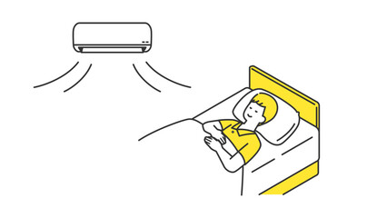 睡眠：空調付きでベッドで眠る男性