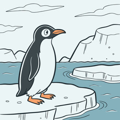 A cute cartoon penguin on ice and snow in a wintery Antarctic scene with a cold, icy background, perfect for a Christmas card illustration