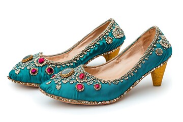 3D Embroidered Turquoise Khussa with Mirror Detailing