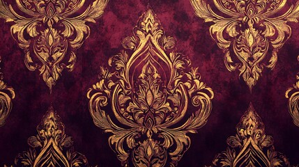 Elegant damask pattern, rich burgundy background with golden ornate designs, ideal for luxurious decor or textile design.