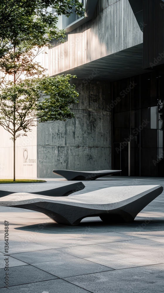 Poster modular bench with dynamic shapes in a futuristic urban setting