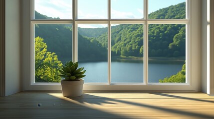 A wide, sunny window with white frames, divided into multiple panes, is open to reveal a view of a calm, blue lake, lush green hills