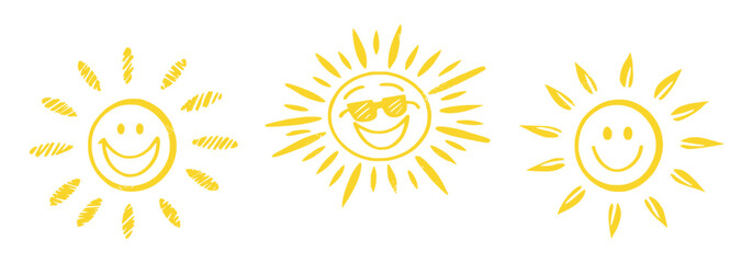 Cheerful summer-themed doodle collection featuring sun, smiley faces, thumbs up, discounts, and tropical holiday icons. Perfect for seasonal promotions, fun sales, and sunny vacation ads