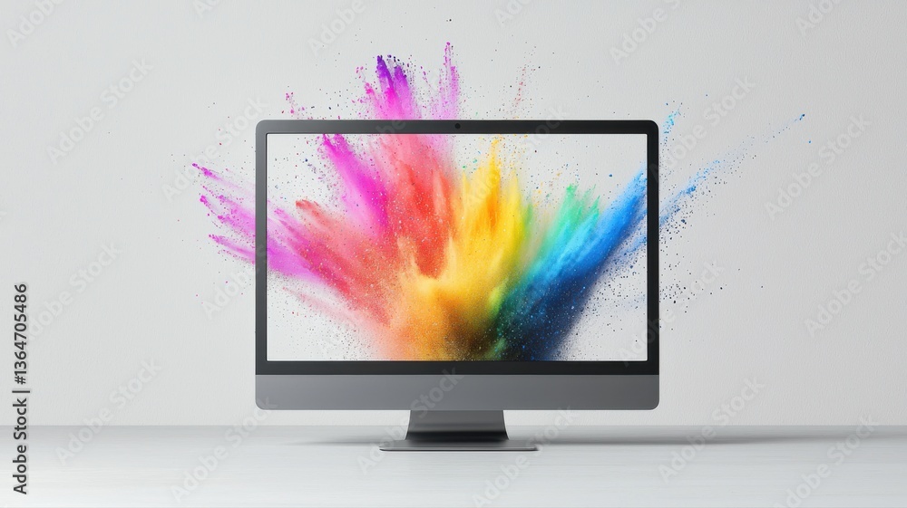 Poster modern computer displaying vibrant color splash on screen against minimalist background, showcasing 