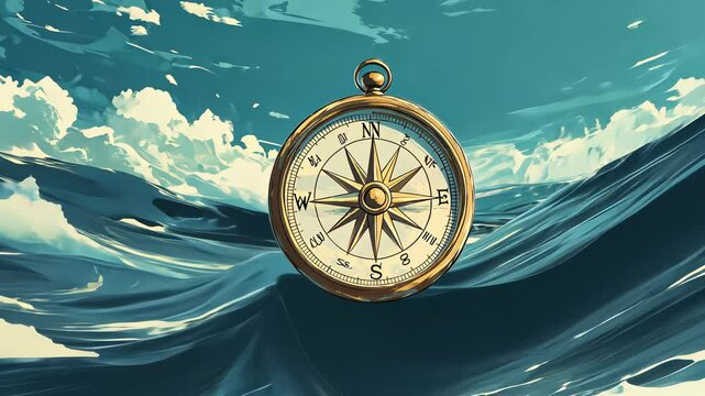 Navigating the open sea with a vintage compass guiding the way through waves and clouds