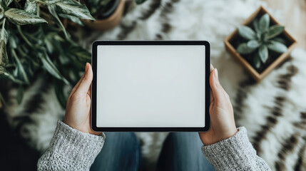 Female hands holding digital tablet with blank screen in cozy modern cafe with warm lights, concept of remote work, freelance lifestyle, online learning creative inspiration. Banner.copy space.mockup