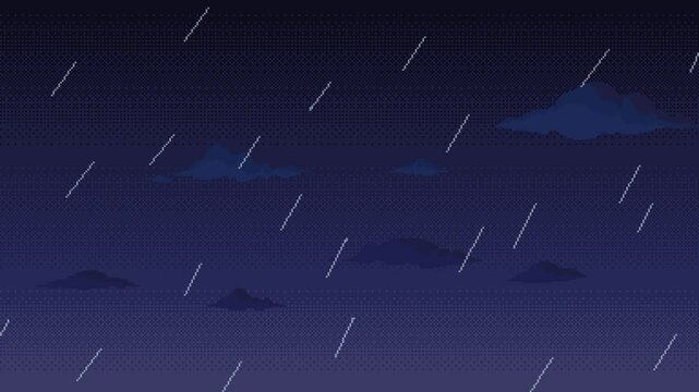Pixel art rain and lightning strikes animation. Clouds floating in the sky seamless loop animated video. Rainy and stormy weather retro video game style.