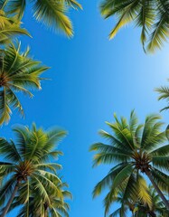 Obraz premium palm tree and blue sky,Looking Up at Palm Trees Against a Bright Blue Sky on a Sunny Day