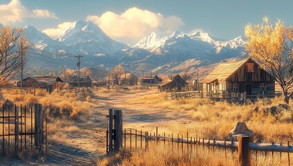 A small town in the Wild West, featuring wooden buildings and dusty streets. In front of one house stands an old fence, overgrown with dry grasses. The sun bathes the entire scene in its warm glow.