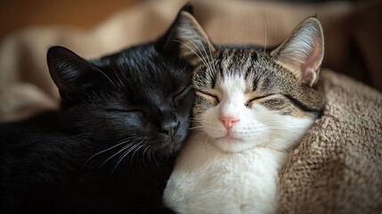A close-up intimate photograph of two cuddly cats, one white and one black, embracing cozily, with soft lighting enhancing the warmth of the scene, shot on high-quality equipment.