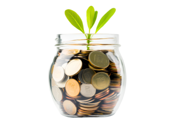 A glass jar filled with coins and a sprouting plant, isolated on a transparent background