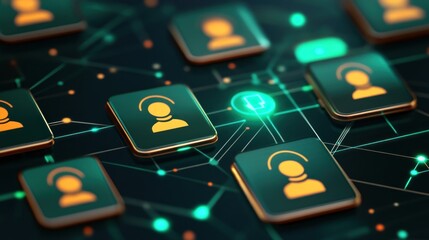 Network of interconnected digital profiles, highlighting customer service.