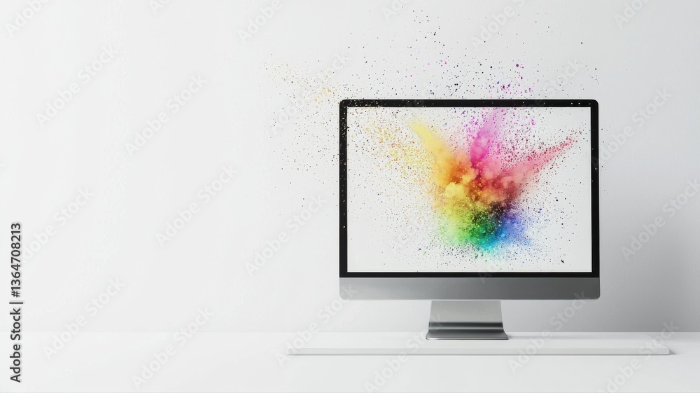 Aufkleber modern desktop computer with vibrant color splash on screen against a minimalist white background.
