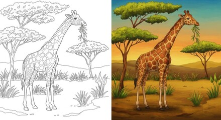 Coloring book coloring pages for adult. Giraffe in African savanna