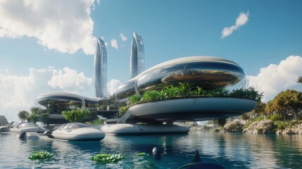 Futuristic Floating City on Aquatic Landscape