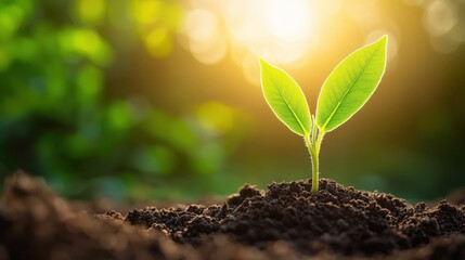 A small green plant emerges from dark soil, illuminated by soft sunlight, symbolizing growth and new beginnings in a natural setting, Green Technology.