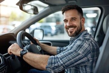 Obraz premium Happy man driving new car at showroom, smiling and looking at the camera while sitting in the driver's seat of his freshly purchased vehicle