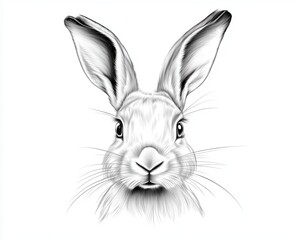 Closeup Black and White Rabbit Portrait Drawing