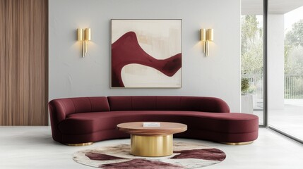 Artful modern eclectic lounge, wine red curved sofa, brass wall sconces, abstract painting, matching rug, soft glow