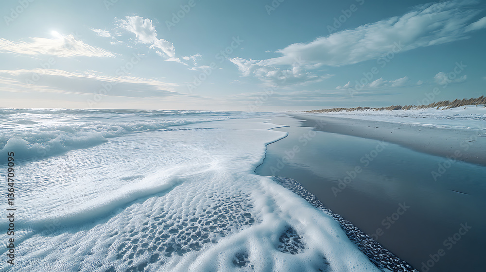 Poster serene beach scene featuring gentle waves lapping at shore, with bright sky and soft clouds creating