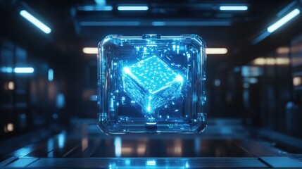 Futuristic glowing cube in a tech space